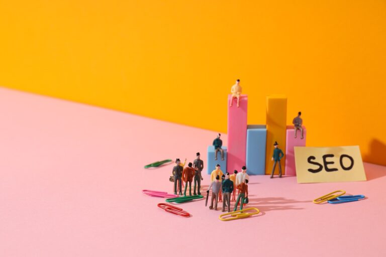 Diagram, paper with SEO letters, paper clips and people on yellow background, space for text